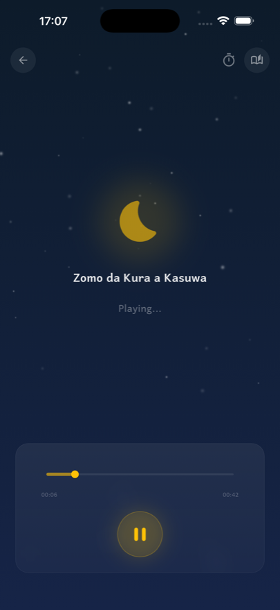 Bedtime mode — dim, audio-only player with a glowing crescent moon.