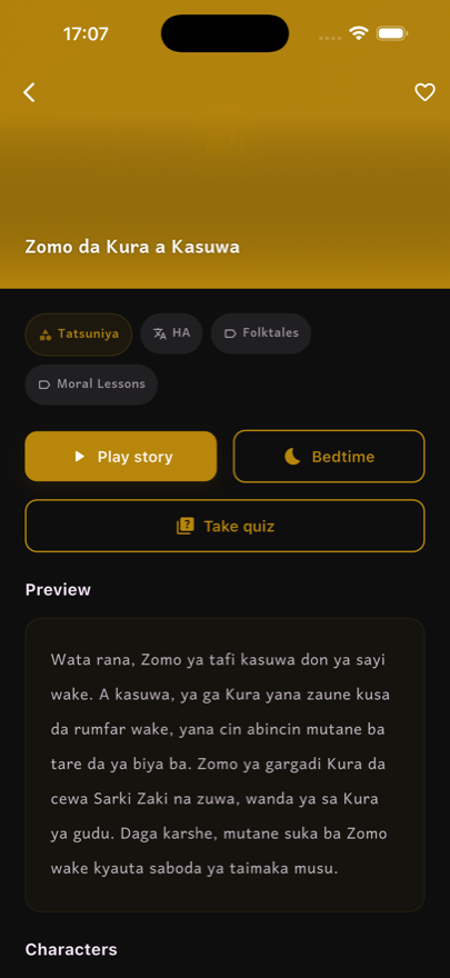 Story details — Tatsuniya: Zomo da Kura a Kasuwa, with Play story, Bedtime, and Take quiz buttons.