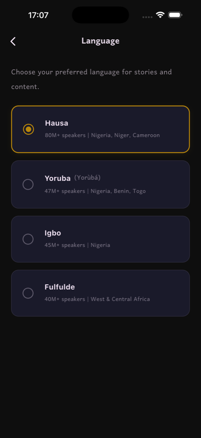 Language picker — Hausa, Yoruba, Igbo, and Fulfulde with speaker counts.