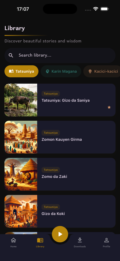 Library tab showing tatsuniyoyi (Hausa folktales) with cover art and category filters.