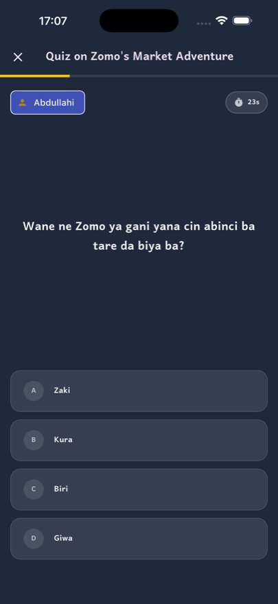 Quiz on Zomo's Market Adventure — multiple choice question in Hausa.