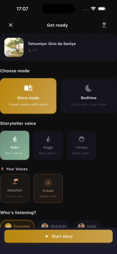 Get ready screen — choose Story or Bedtime mode, pick a storyteller voice, choose who is listening.
